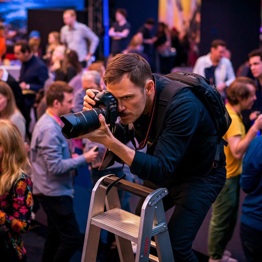 A candid photo of a photographer in action, capturing a moment in a crowded event